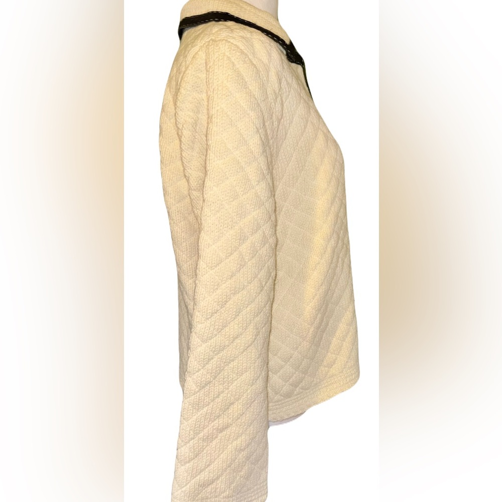 Vintage Doncaster Ivory Quilted Lined Sweater Jacket with Black Leather Trim - Picture 8 of 15